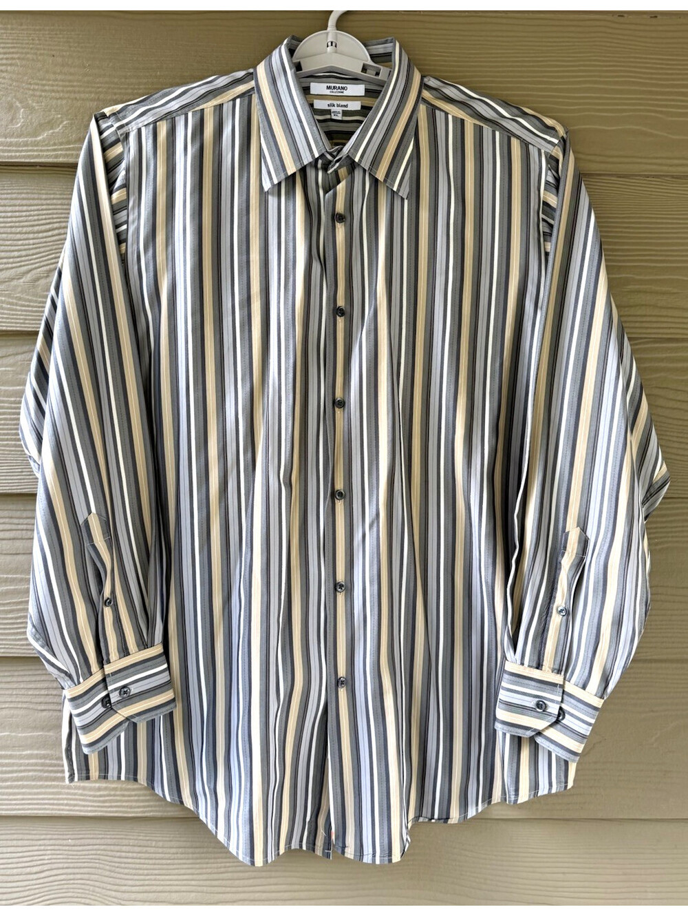 Murano Collezione Silk Blend Mens Classic Comfort Prep Gray Tan Striped Shirt XL
